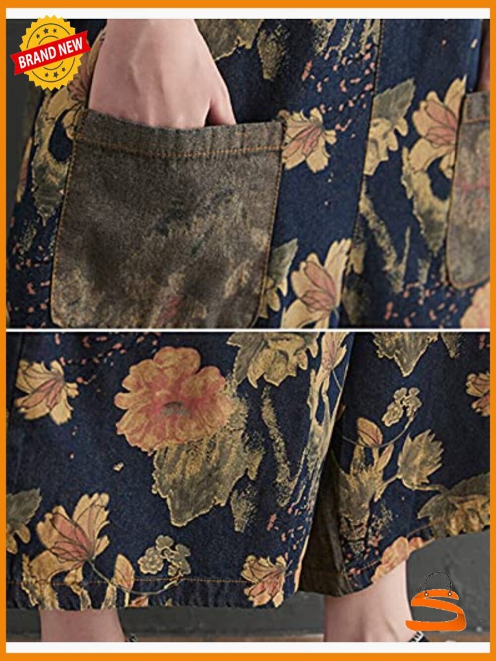 Womens Overalls Jumpsuits Floral Print Denim Baggy Wide Leg Pockets Low Crotch - Picture 5 of 6